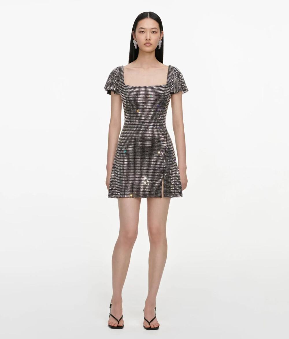 Self-Portrait Grey Rhinestone Mesh Mini Dress